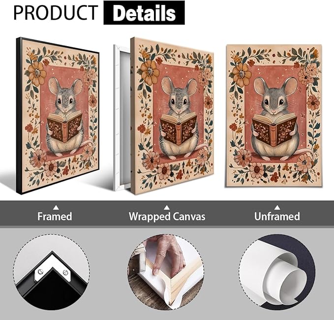 Nursery Animal Canvas Wall Art, Mouse Reading A Book Poster, Cozy Folk Art Prints, Kids Room Farmhouse Botanical Floral Painting, Library Reading Corner Wall Decor 12x16in Unframed