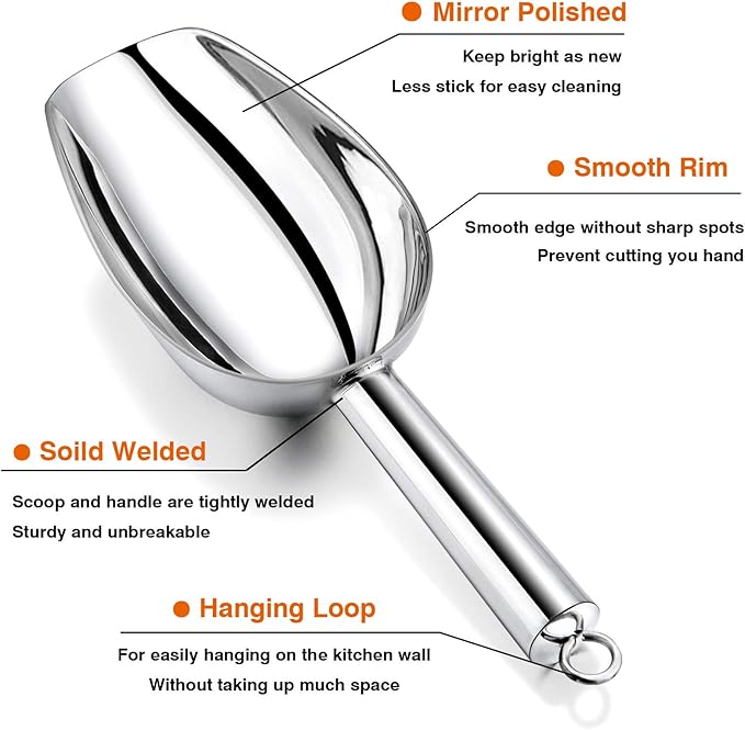 P&P CHEF Food Ice Scoop, Stainless Steel Scoop, Metal Candy Popcorn Flour Utility Scooper for Wedding Party Bar Kitchen Bath, Heavy Duty & Dishwasher Safe, (8oz, 1Pc)