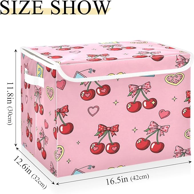 Cherries Hearts Bows Stars Storage Bins with LidsPink Foldable Storage Basket with Handles Collapsible Large Fabric Organizer Containers for Clothes Shelves Closet Office Home