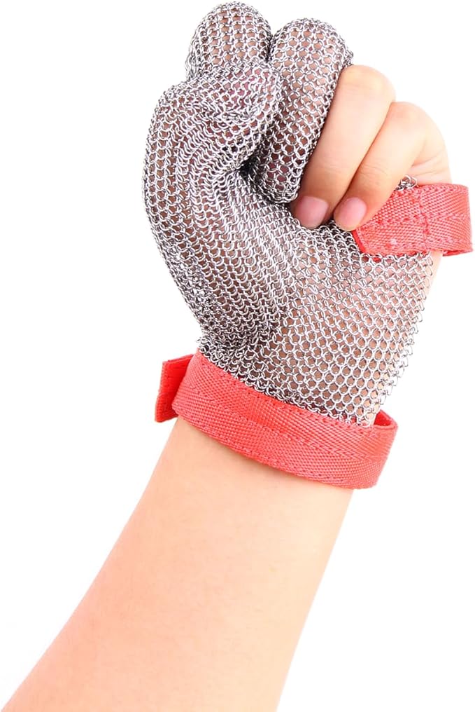 3-Finger Chainmail Glove, Stainless Steel Metal Cut Resistant Glove with Strap (3-Finger, Small (Pack of 1))