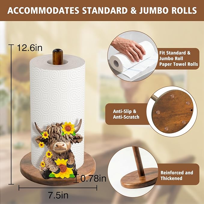 Highland Cow Paper Towel Holder - Highland Cow Decor for Kitchen Farmhouse Bathroom Countertop - Gifts for Women Mom Grandma - 3D Cute Stuff Decorative Accessories