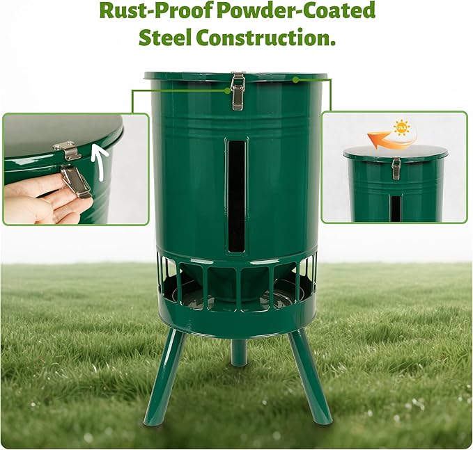 KOL 50LB Metal Chicken Feeder - No Waste, No Clog Design with 16 Ports & Smooth Gravity-Flow, Powder Coated Rust-Proof for Coop Use (Green)
