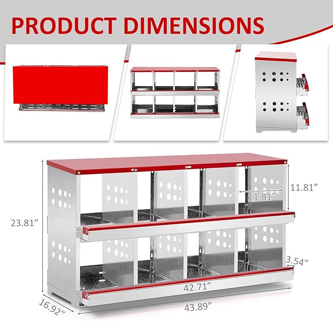 Outvita Chicken Nesting Box, 8 Compartment Metal Nesting Box, 8 Room Wall Mountable Nesting Boxes for Hen, Red
