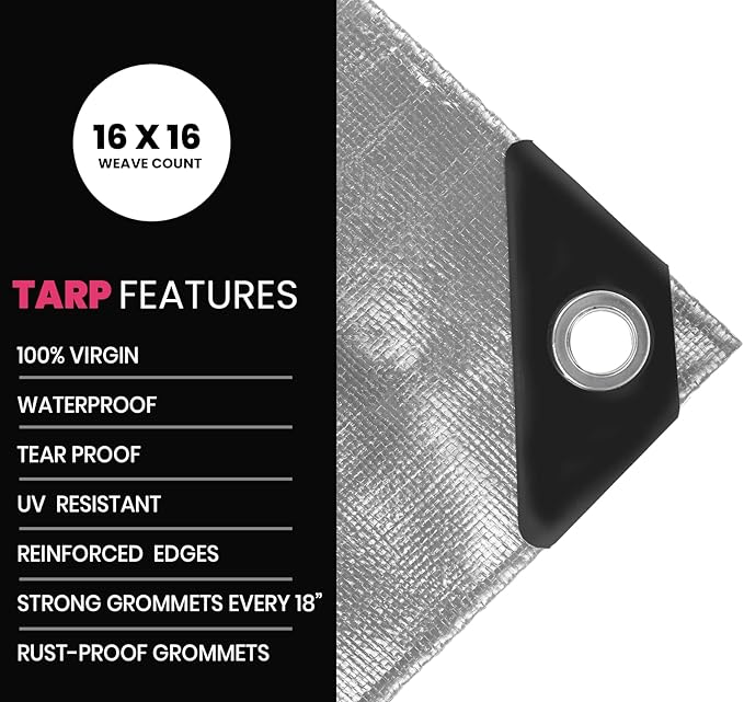 PROTARP Extreme Heavy Duty 22 Mil Tarp Cover, Waterproof, UV Resistant, Rip and Tear Proof, Poly Tarpaulin with Reinforced Edges for Roof, Camping, Patio, Pool, Boat. (Silver/Black 40′ X 40′)