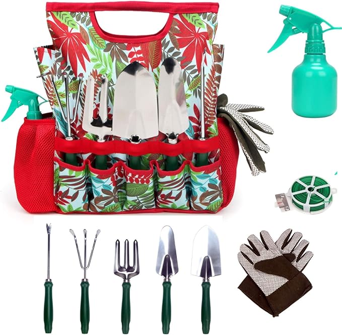 9-piece Garden Tools Set with Gloves and Floral Tote Bag - Gardening Hand Tools Kit with Storage Bag, Gifts for Women