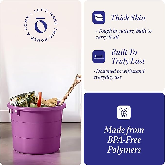 HOMZ 2-Pack Utility Tub, Large Plastic Storage Bucket with Rope Handles, 17 Gallon, Purple - Portable Indoor and Outdoor Buckets for Kitchen, Laundry, Garden, Bathroom, and Garage Organization