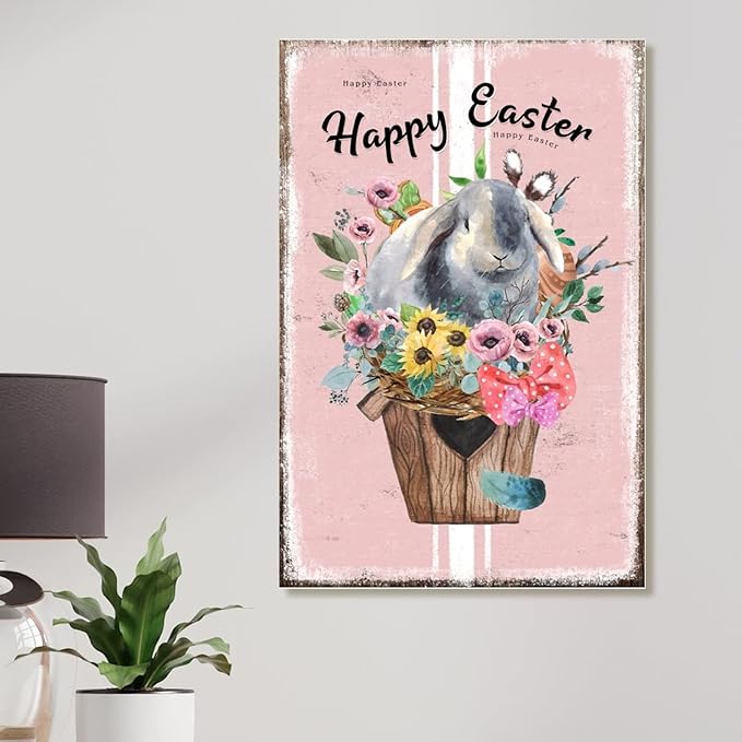 Happy Easter Flower Basket Bunny Wood Hanger Sign French Style Floral Pink Stripes Wooden Sign Plaque Farmhouse Easter Decor Welcome Spring Sign Wall Decor for Game Room 12x18in