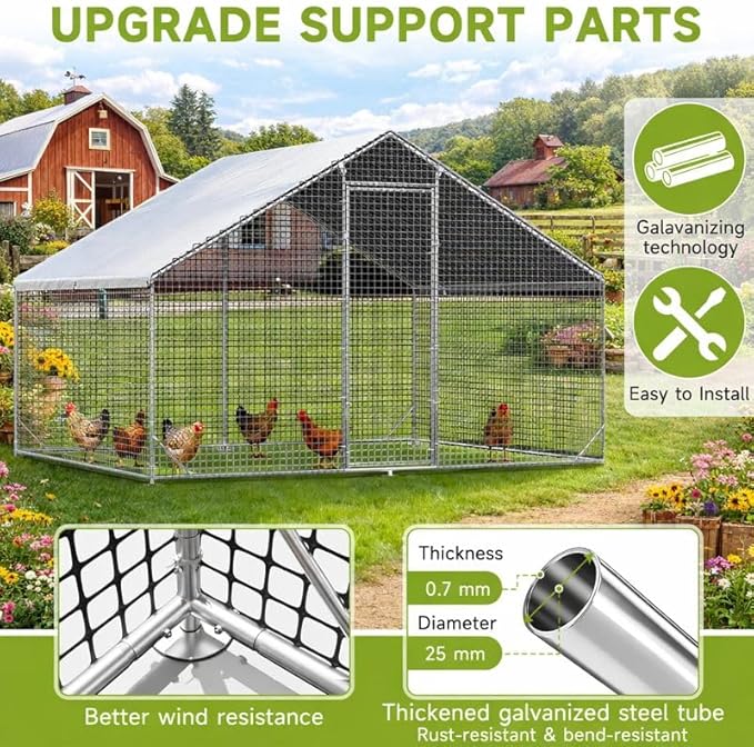 LEVELEVE Large Walk-in Chicken Coop with Chicken Run, Galvanized Poultry Enclosure with Waterproof Anti-UV Cover and Security Lock, Ideal for Rabbit, Duck, Backyard and Farm Yard，9.8'x 6.6'x 6.6'