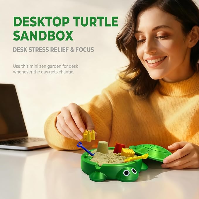 Mini Turtle Sandbox Zen Garden for Desk, Desktop Turtle Sandbox with Lid on The Go for Office Stress Relief, Funny Zen Garden Kit Desk Accessories Gifts for Coworkers Boss