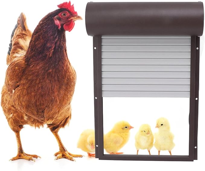Automatic Solar Powered Chicken Coop Door with Light Sensing and Timer, Metal Iron Auto Chicken House Protection Door for Duck Goose, Remote Control, with LED Clear Dosplay (Brown)