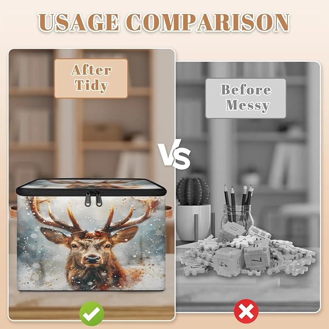 Storage Cubes with Lid Fabric Storage Bins Boxes PU Leather Handles, Elk Moose Wild Animals Closet Organizer Container Foldable Washable Shelf Cloth Basket, Christmas Day