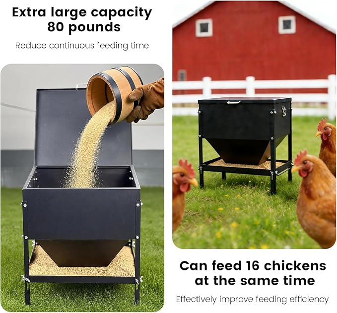 All Metal Chicken Feeding with Waterproof Lid and Handle，Adjustable 80 lbs Large Capacity No Waste Portable Automatic Chicken Feeder,for Chickens and Duck Poultry and Other Birds