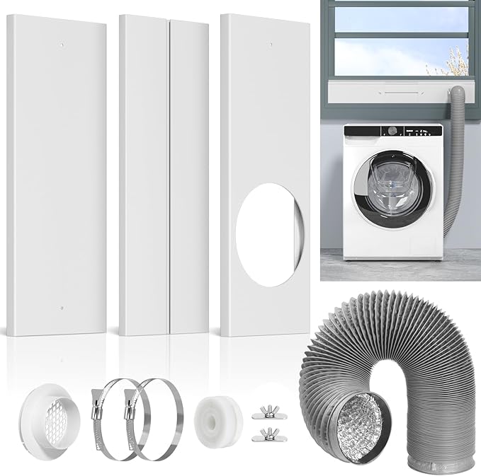 Dryer Vent Window Kit, Window Duct Kit with Hose Adjustable Dryer Vent Seal Panels Fits 4” Inline Fans, Universal Seal for Sliding Windows, Compatible with AC, Dryers, Duct Fans