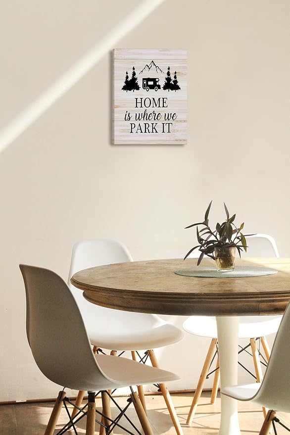 Tizzer Funny Home Wall Decor, Farmhouse Camping Signs Canvas Wall Art Prints Decor for Travel Trailer Camper, Home Is Where We Park It, 11x14 Inches