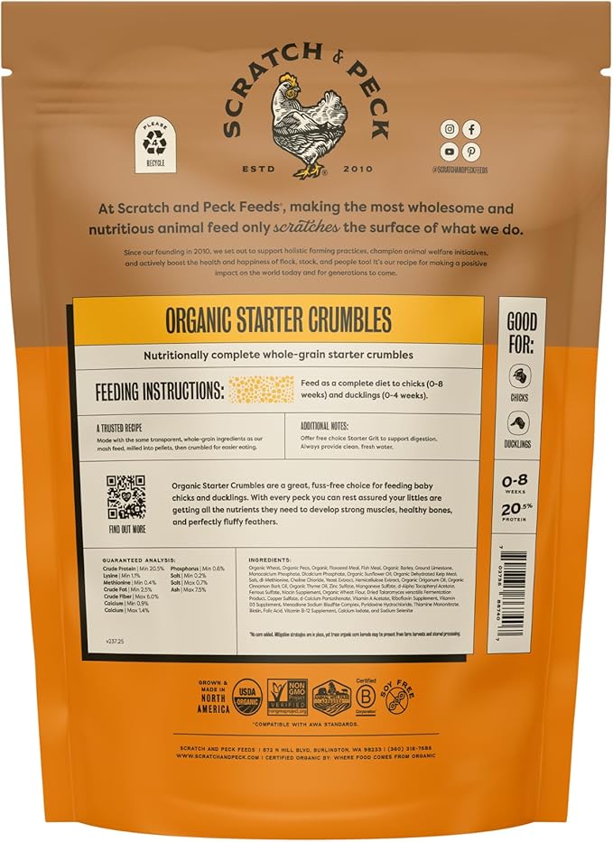 Scratch and Peck Feeds Whole Grain Starter Crumbles Chicken and Duck Feed - 10 lbs Bag - Corn-Free and Soy-Free - 20.5% Protein, Certified Organic and Non-GMO Project Verified Chicken Food