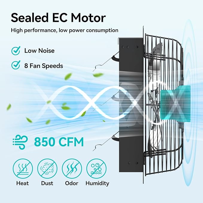 addlon 10 Inch Shutter Exhaust Fan Wall Mounted with EC Motors and Remote Control, Timer, 8 Speeds, 850CFM, Low Noise, Easy to Install, Plug in Ventilation Fan for Garages, Shops, Greenhouse, Attic