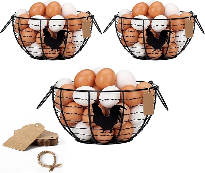 Rtteri 3 Pack Egg Basket for Gathering Fresh Eggs with Metal Handle Wire Egg Collecting Basket with Label Round Holder Countertop Rustic Farmhouse Vintage Rustic Farmhouse Kitchen Decor Fruit Storage