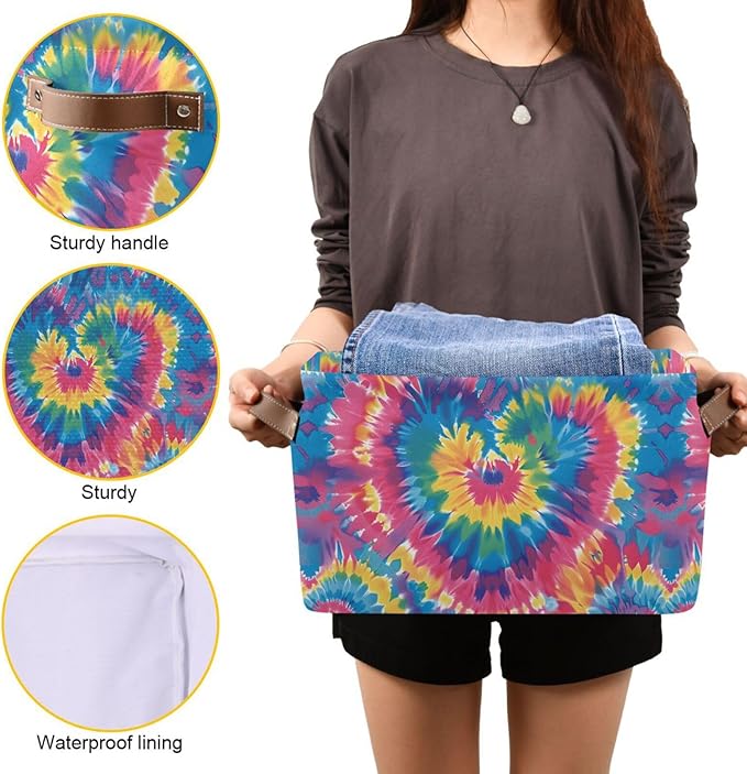 JIPONI Tie Dye Heart Fabric Storage Bins for Shelves, Decorative Storage baskets for organizing, Closet Organizer with Handle for Cloth, Toys, Bedrooms, Farmhouse