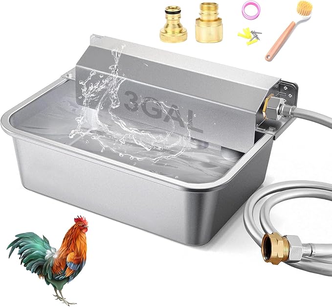 Automatic Chicken Water Dispenser Large 304 Stainless Steel Duck Waterer Outdoor Heavy-Duty Self Refilling Watering System with Installation Accessories Cleaning Brush