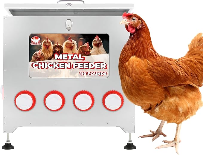 110 lbs Chicken Feeder No Waste-10 Port Large Chicken Feeder with Adjustable Height,Locking Lid,Rainproof-Metal Poultry Feeders for Chickens (Sliver, 23.76 * 22.78 in)