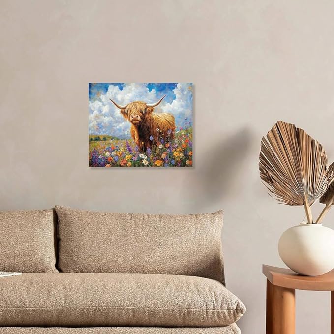 Yidepot Highland Cow Canvas Wall Art: Flowers Farmhouse Artwork, Cow Pictures Bedroom Decor Ready to Hang 12x15inch
