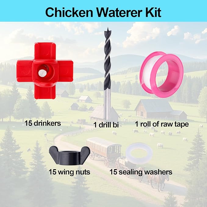 15pcs Chicken Waterer Nipples with Drill Bit, Side Mounted Poultry Water Feed Nipples Leakproof Automatic Poultry Waterer Chicken, Chick Water Feeder Drinker for Outdoor Use Accessories Supplies