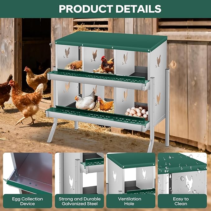 Easy Clean & Egg Protection - Metal Chicken Nesting Box for Small Animals - 6 Compartments, Wall-Mounted Galvanized Steel, Secure Laying, Durable Poultry Coop Accessory - Green, 6 Slots
