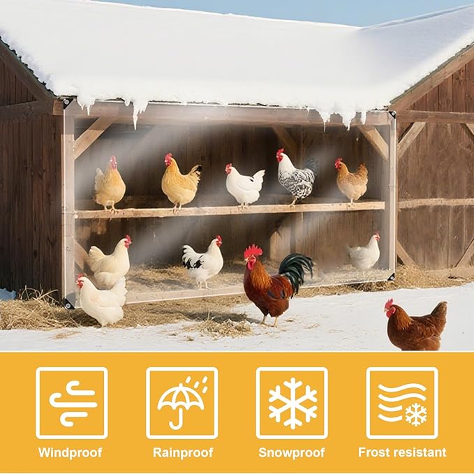 16Mil Chicken Coop Covers for Winter,6x10ft Thicken Clear Winterizing Insulation Vinyl Tarp for Chicken Run,Waterproof Anti-Tear with Elastic Cords & Rope for Porch Patio Poultry Enclosure