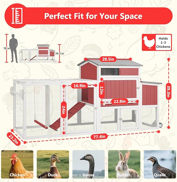 78" Wooden Chicken Coop with Nesting Box, Poultry Cage with Wheel Leak Proof Pull-on Tray and Asphalt Waterproof Roof, Hen House for Garden Backyard Farm
