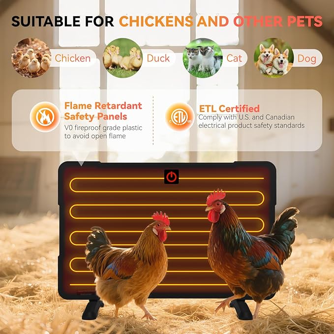4-in-1 Chicken Coop Heater, 50W/200W Anti-Overheating Brooder Heater for Chicks, Adjustable Height Chick Heat Plate, Energy-Saving Light-Free Radiant Heat, ETL Certified (PH200U)