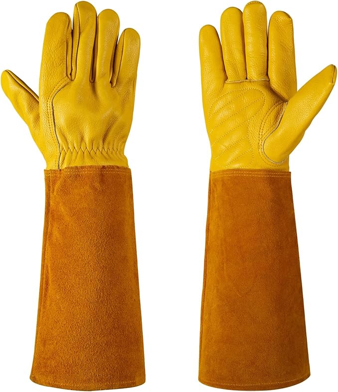 Thorn Proof Gardening Gloves for Men & Women, Long Cowhide Leather Rose Pruning Gloves with Forearm Protection, Puncture Resistant Gauntlets for Cacti, Blackberries & Yard Work(Butter Yellow,XS)