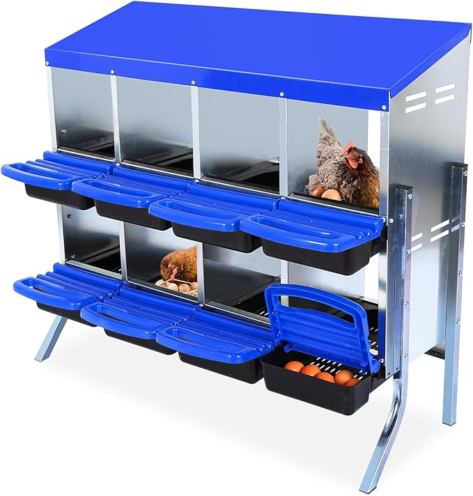 Chicken Nesting Box, Nesting Boxes for Chickens, 8 Compartments Chicken Laying Boxes with Lid Cover, Roll Away Nesting Box for Chickens Laying Egg to Protect Eggs, with Metal Bracket, Blue