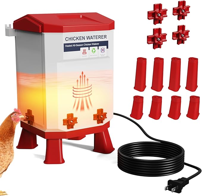 Heated Chicken Waterer 3 Gallon, Chicken Water Heater for Winter, Freeze Proof Chicken Waterer, 4 Nipples for Clean Water，Detachable Legs, Adjustable Height for Chickens, Pigeons, Beaked Poultry