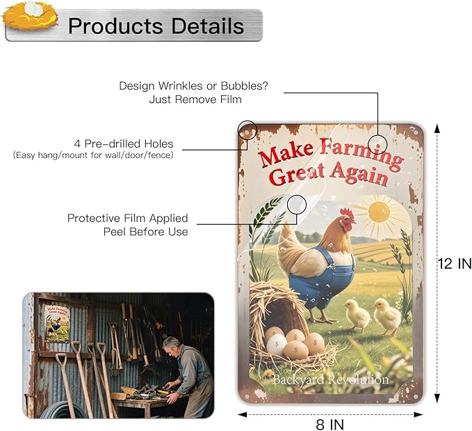 Make Farming Great Again Chicken Coop Signs - Rustic Farmhouse Chicken Coop Accessories, 8x12 Inch Metal Farm Decor, Farm Stand and Farmers Market Decor for Farmers and Backyard Poultry Lovers