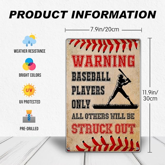 Warning Baseball Players Only All Others Will Be Struck Out Metal Sign 8 x 12 Inch Room Wall Art For Fans Perfect Man Cave Game Bedroom Sports Bar And Outdoor Decor