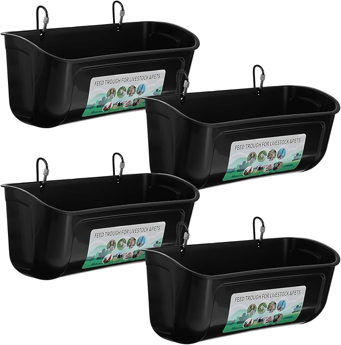 4 Pack Hanging Chicken Feeders Plastic Goat Feeder Supplies with Metal Clips Chicken Waterer Bucket Container for Goat Duck Horse Pig Hog Poultry