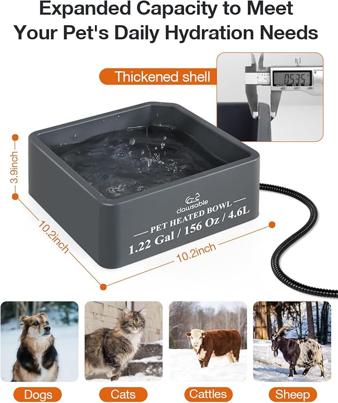 Clawsable Large Heated Dog Bowl for Outdoor Dogs Cats, Heated Water Pet Dish with 78.4" Chewproof Cord, Water Thermal-Bowl for Rabbit, Chicken, Squirrel (Gray, 155Oz)