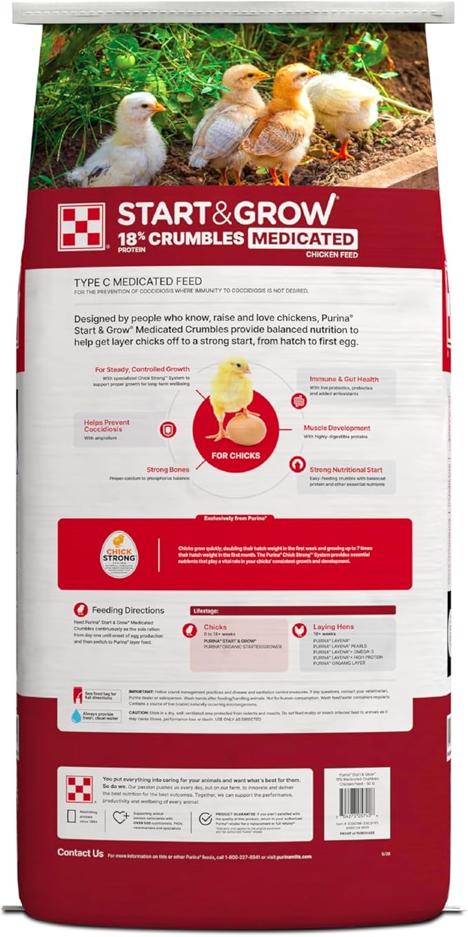 Purina Start & Grow | Medicated Chick Feed Crumbles | Food for Baby Chicks - 50 Pound (50 lb) Bag