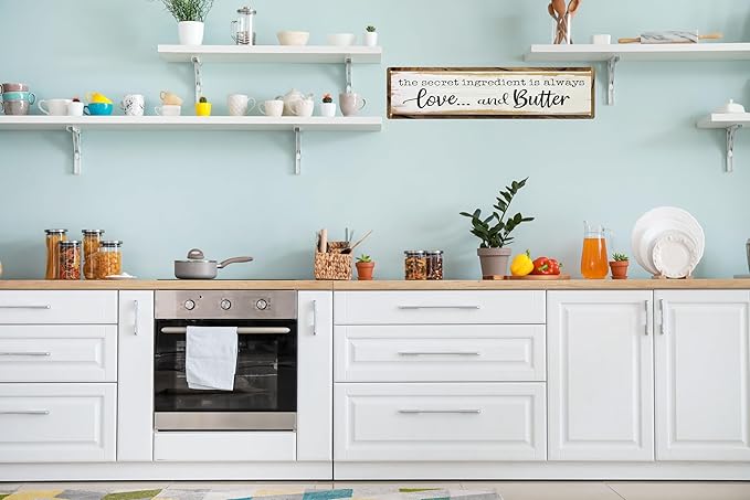 CSWLJS Metal Signs The Secret Ingredient Is Always Love and Butter Sign Funny Kitchen Sign Funny Farmhouse Wall Kitchen Decor Rustic Kitchen Wall Decoration 4x16 in