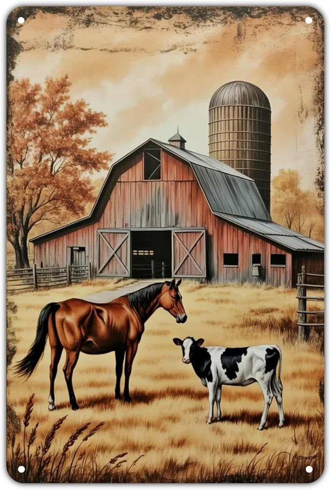 Country Farm Scene tin sign Vintage Horse Cow Barn Metal Sign Print Aesthetic for Garden Yard Bar Porch Home Bedroom Kitchen Wall Decor Decor Gift 8 x 12 inch