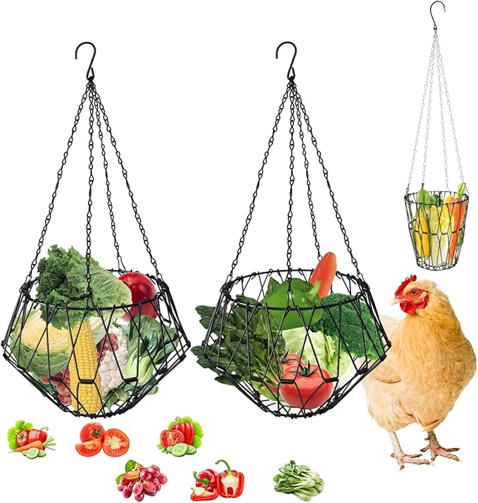 2 PCS Hanging Chicken Feeder Foldable Poultry Vegetable & Fruit Feeder Basket with Adjustable Chain, Durable Iron Wire Chicken Toys for Coop 2 Pack M
