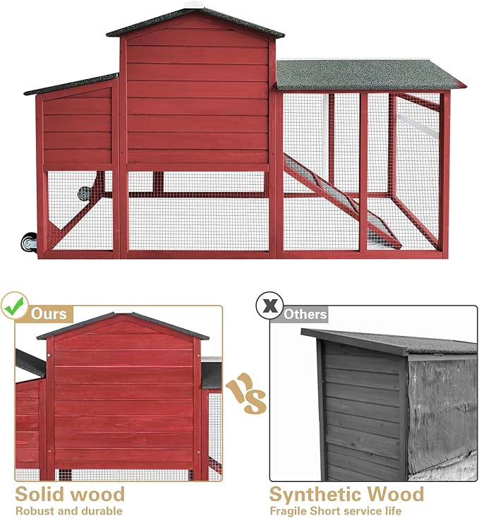 PetsCosset Chicken Coop Backyard Chicken House - Wooden Tractor Poultry House for Outdoor, with Chicken Nesting Box, Wheels, Waterproof Roof, Pull Out Tray