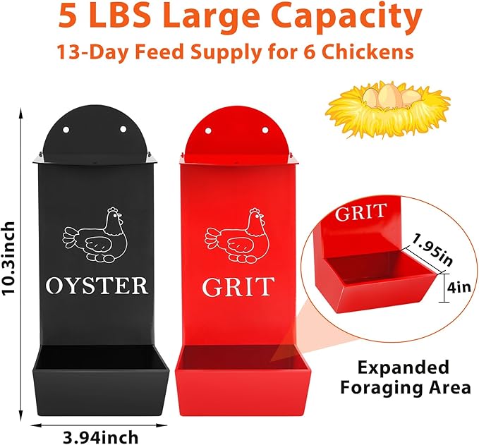 2Pack Chicken Grit Feeder, Metal Oyster Shell Feeder with Lid, Hanging Gravity Chicken Poultry Feeders Trough, Coop Accessories Supplies