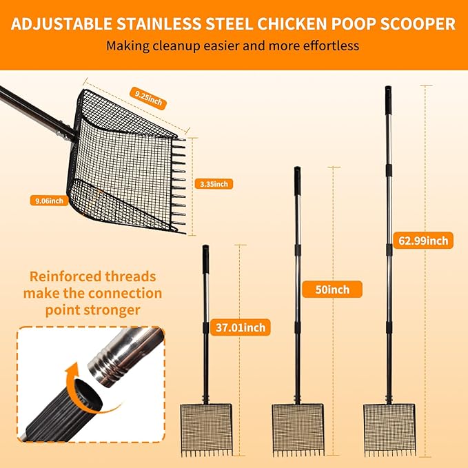 Chicken Poop Scooper & Rake 2-in-1 Metal Coop Shovel,Adjustable Stainless Steel Handle,Cleaning Tools for Chicken Coops & Farm Animals Scoop for Litter Scooper Sand Sifting Shovel Chicken Coops