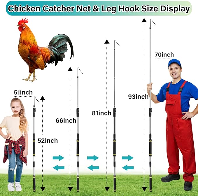 Chicken Catcher Net,37 to 93in Chicken Catcher Leg Hook Extra Long Handle Animal Catcher Pole Heavy Duty with Frosted Tube Extension Pole Poultry Hook Fowl Catcher (Stainless Steel Tube)