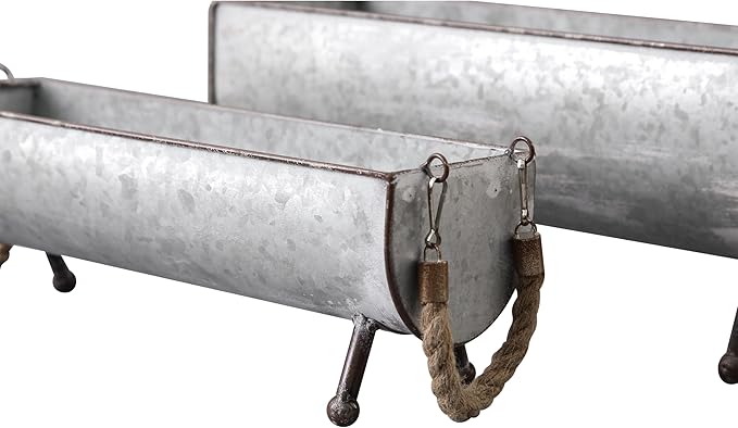 SOFE Poultry Feeder Galvanized Metal Chicken Feeder Set of 2, Farmhouse Chicken Picnic Table Feeder, Chicken Planter, Decorative Galvanized Tray Trough Shaped, 15 and 13 Inches Long