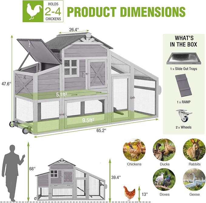 GUTINNEEN Chicken Coop with Wheels for 2-4 Chickens, Large Wooden Outdoor Hen House with Run, Waterproof & UV-Resistant Roof, Removable Leakproof Tray and Divided Nesting Box– Grey