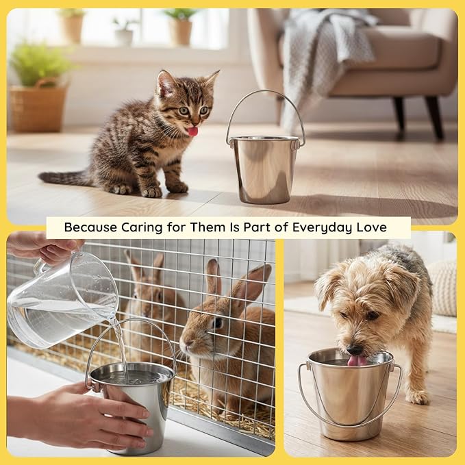 2 quart Heavy Duty Stainless Steel Round Bucket with Handle | 0.5 gal Sturdy Food & Water Bowl for Small Birds Dog Cat & Livestock | Fits kennel Crate Cage Farm | Hanging Utility Pet Pail