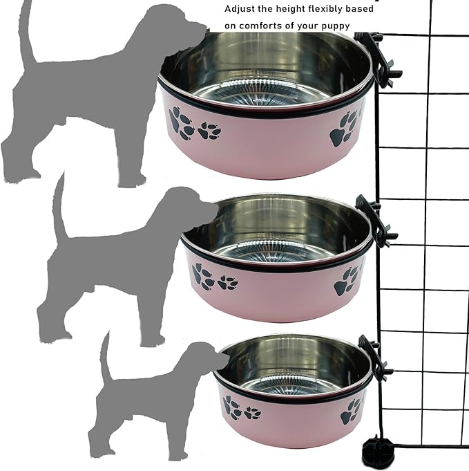 Dog Crate Food and Water Bowl 2Pcs Small Pet Hanging Kennel Removable Dish Feeding Cup with Holder for Medium Large Size Puppy Cat (Pink, 6.3''X2.5''&7.1‘’X2.7'')