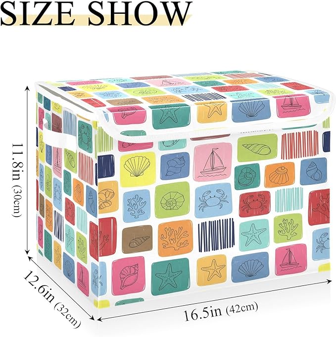Colorful Sea Marine Theme Squares Storage Bins with Lids Foldable Storage Basket with Handles Collapsible Large Fabric Organizer Containers for Clothes Shelves Closet Office Home